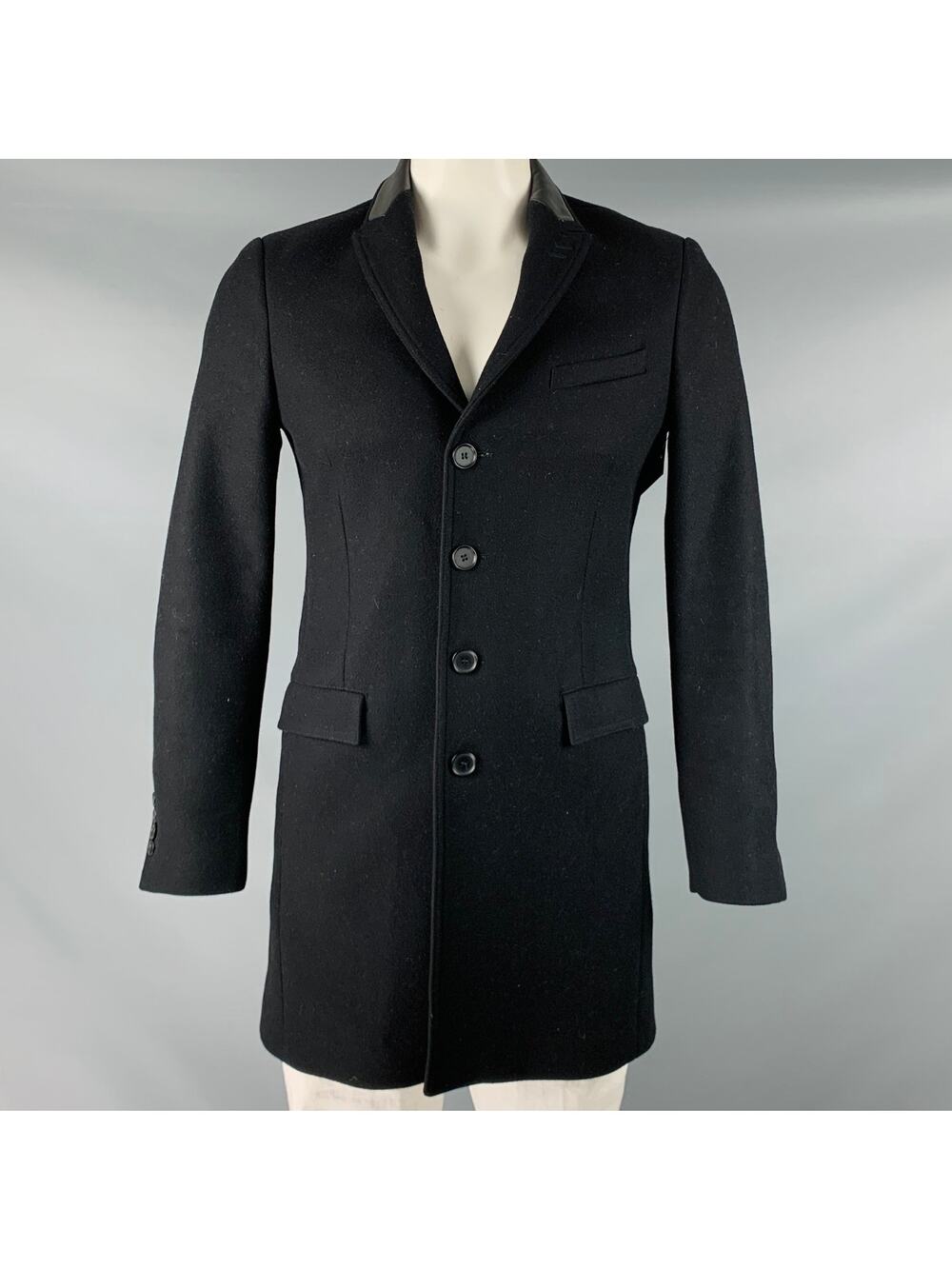 THE KOOPLES Size 44 Black Wool Blend Leather Trim Peak Lapel Coat